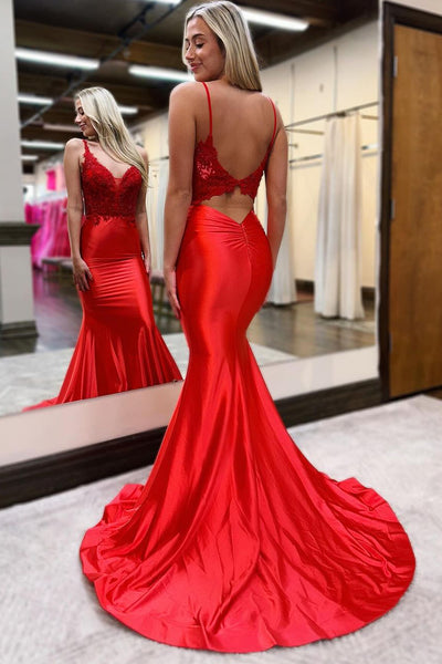 Cute Mermaid V Neck Red Satin Long Prom Dress with Appliques AB4012304