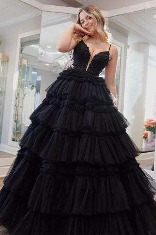 Princess V Neck Black Tiered Tulle Long Prom Dresses AB4030104