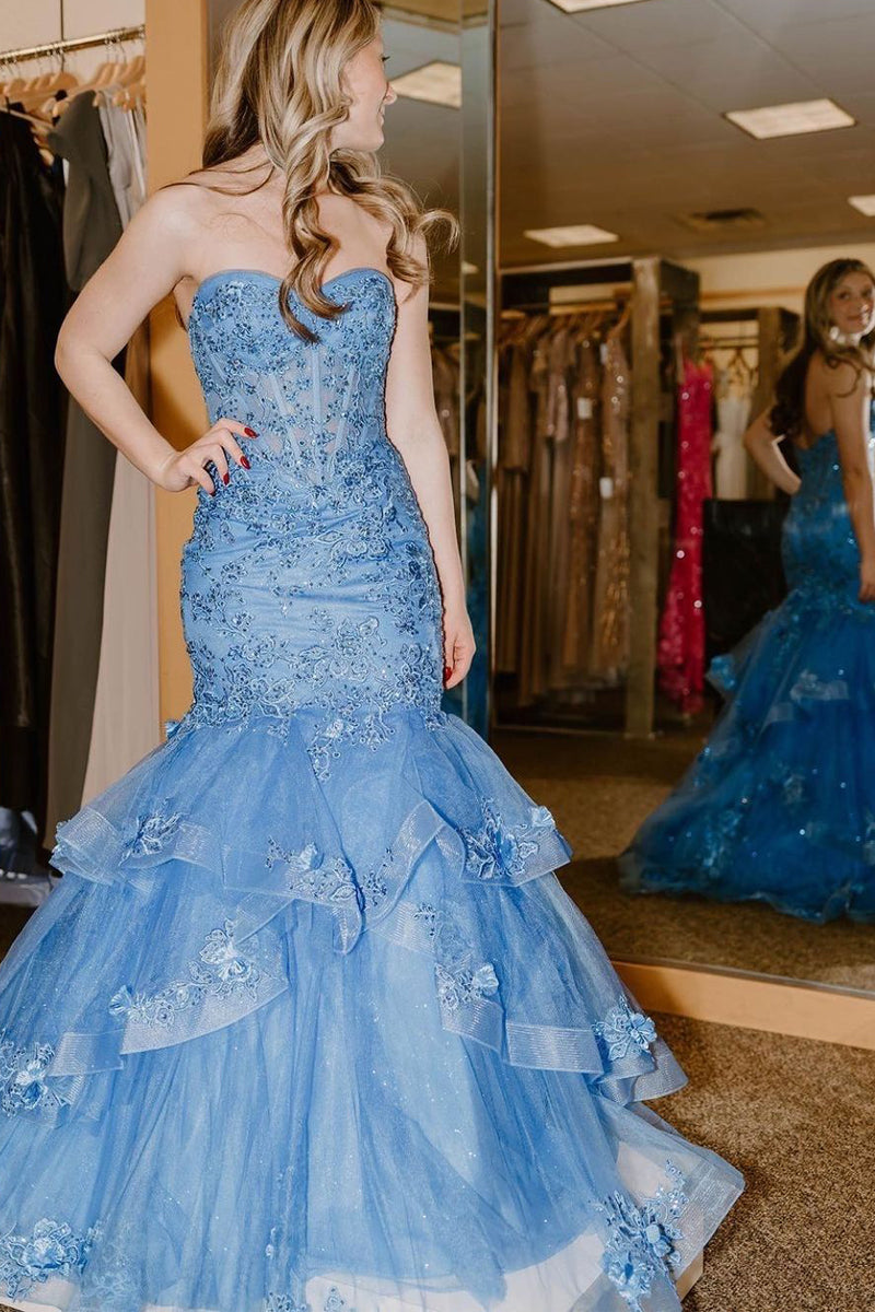 Mermaid Sweetheart Blue Tulle Prom Dress with Appliques AB4020502