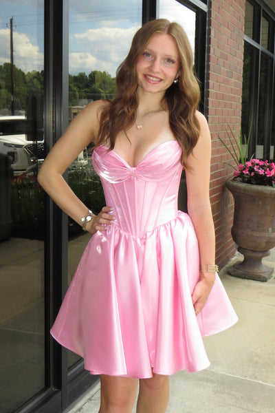A Line Sweetheart Pink Satin Short Homecoming Dress AB26072408