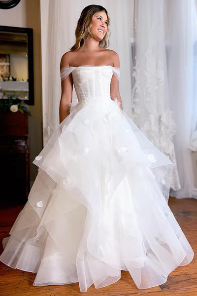 Fairy A Line Off the Shoulder Tulle Long Wedding Dresses with Appliques AB24102003