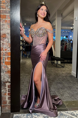 Charming Mermaid Off the Shoulder Dusty Purple Satin Prom Dress with Beading AB25112209