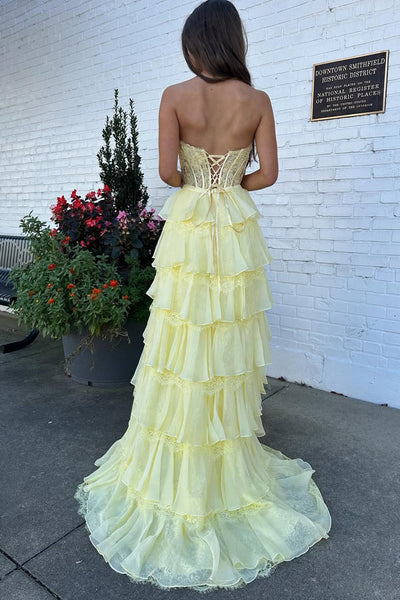 A Line Sweetheart Daffodil Chiffon Tiered Prom Dress with Lace AB25112206