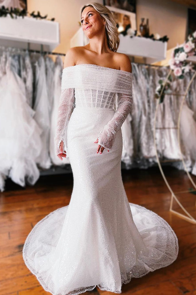 Fashion Mermaid Off the Shoulder White Sequins Long Wedding Dresses with Sleeves AB100306 Anniebride Fashion Mermaid Off the Shoulder White Sequins Long Wedding Dresses with Sleeves AB100306 Anniebride