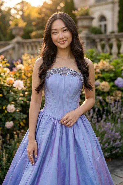 Gorgeous A Line Strapless Lavender Taffeta Satin Prom Dress with Beading AB26102903