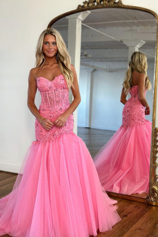 Cute Mermaid Strapless Pink Tulle Prom Dress with Appliques AB4032404