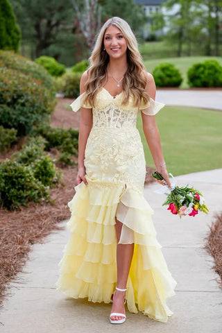 Cute Sheath Sweetheart Daffodial Tiered Long Prom Dress with Slit AB25052822