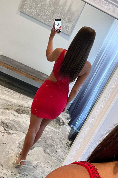 Cute Bodycon One Shoulder Red Satin Short Homecoming Dresses with Beading AB071703