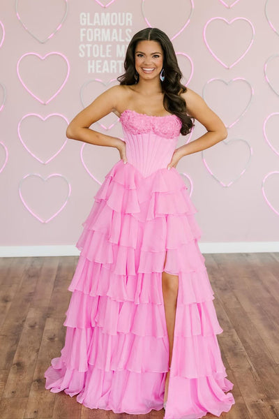 Cute A Line Sweetheart Pink Tiered Chiffon Prom Dress with Slit AB25111006