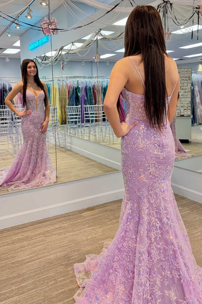 Cute Sweetheart Light Purple Mermaid Sequins Lace Prom Dress AB26032606