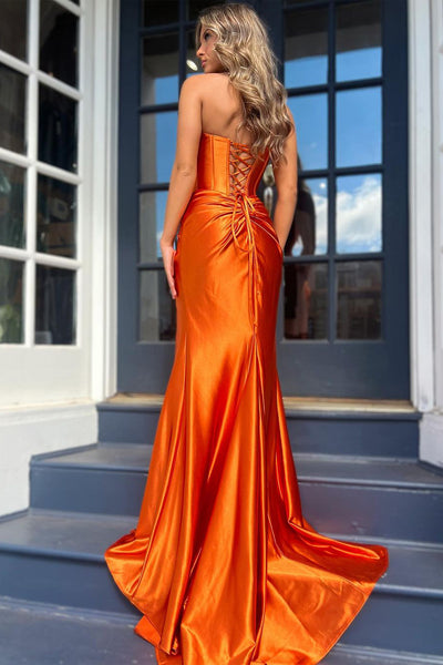 Charming Mermaid Sweetheart Orange Satin Long Prom Dresses with Slit AB102902