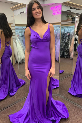 Charming Mermaid V Neck Purple Satin Long Prom Dress with Slit AB24121904