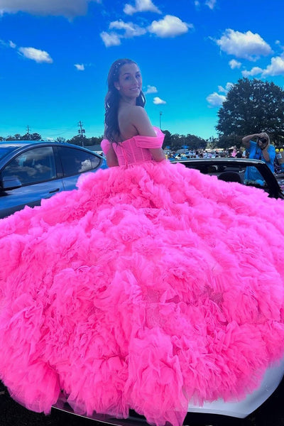 Gorgeous A Line Off the Shoulder Pink Tulle Tiered Long Prom Dress AB25100704