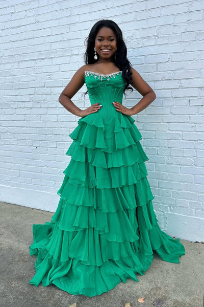 A Line Scoop Neck Green Chiffon Tiered Prom Dress with Beading AB25120307