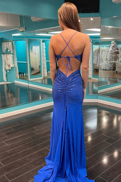 Cute Mermaid Straps Royal Blue Satin Long Prom Dress with Beading AB25010605