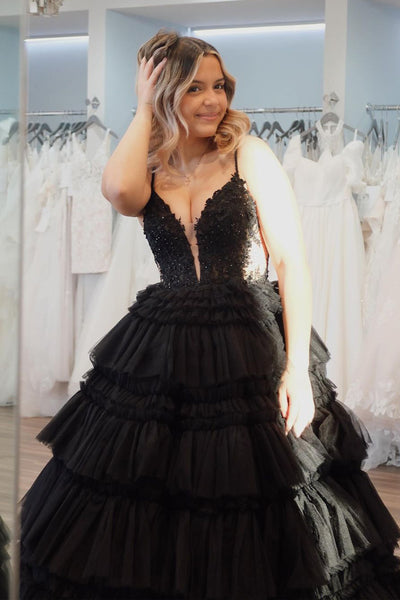 Princess V Neck Black Tiered Tulle Long Prom Dresses AB4030104