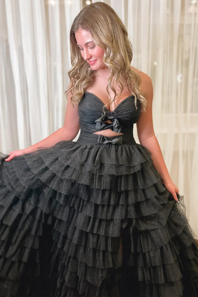 Fairy A Line Strapless Red Dot Tulle Tiered Prom Dress AB25010402