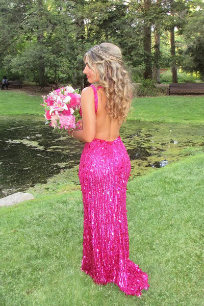 Sparkly Mermaid V Neck Fuchsia Sequins Lace Prom Dress with Slit AB26052606