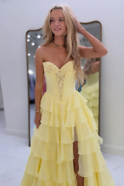 Cute A Line Sweetheart Navy Tiered Chiffon Prom Dress with Slit AB26012406