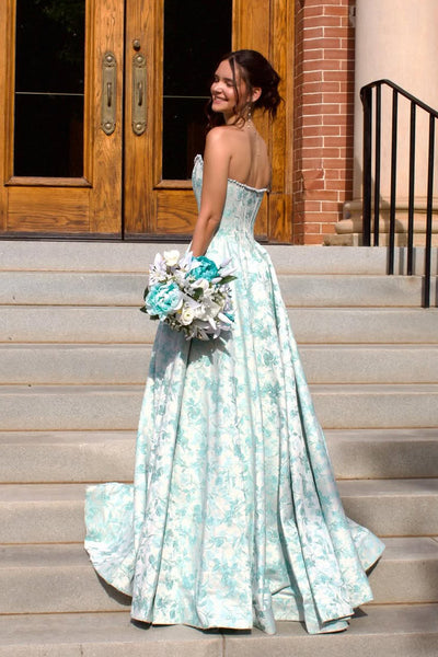 Cute A Line Scoop Neck Jacquard Satin Prom Dress with Slit AB26042101