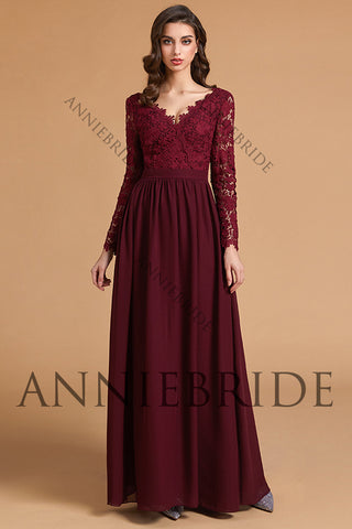 Elegant A Line V Neck Long Sleeves Burgundy Chiffon Bridesmaid Dresses with Lace ABBD061808