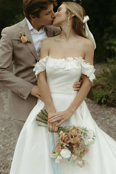 Fairy A Line Off the Shoulder Satin Wedding Dresses AB24070807