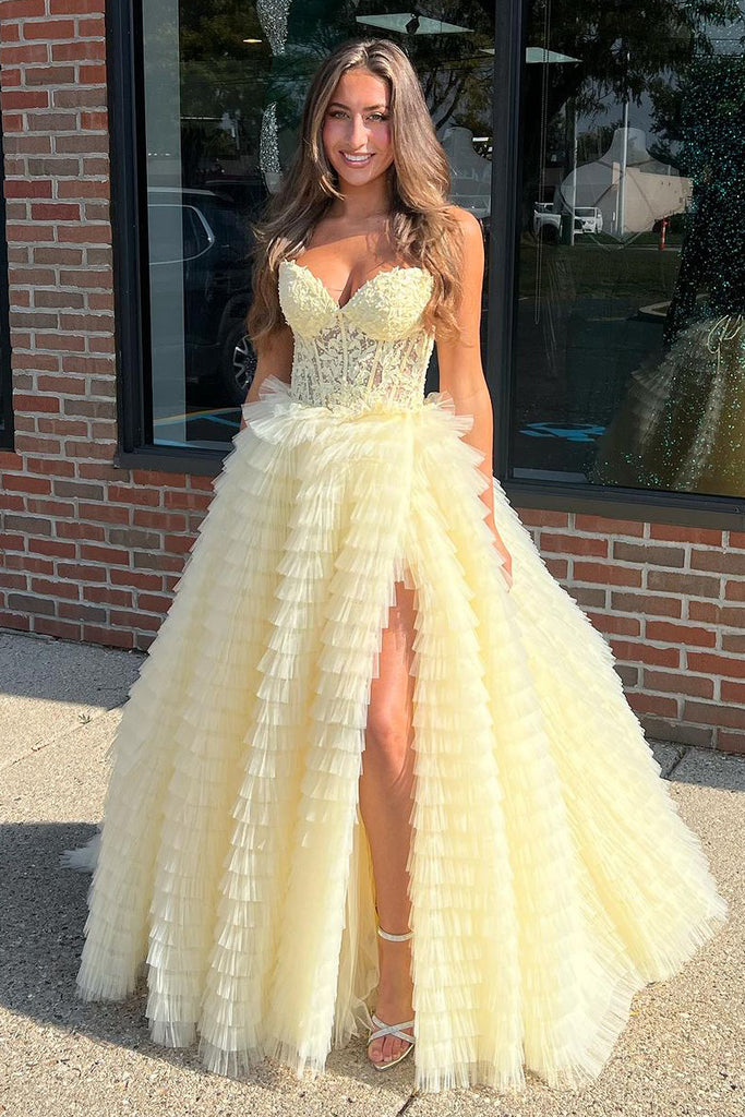 daffodil prom dress Gorgeous Sleeveless Daffodil Mermaid Prom Dresses With Appliques