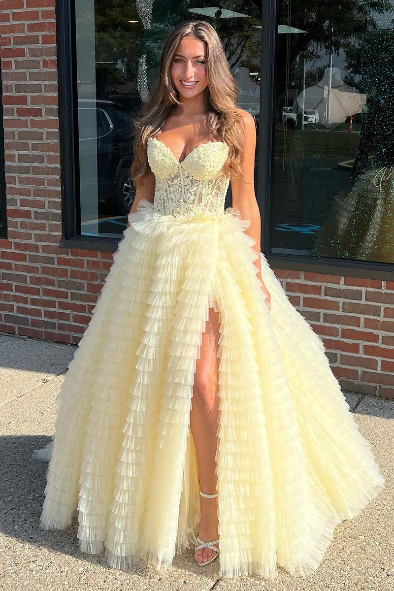 Cute Ball Gown Sweetheart Daffodil Tulle Tiered Long Prom Dresses with Appliques AB121304