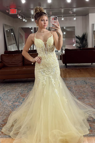 Cute Mermaid Sweetheart Daffodil Tulle Long Prom Dress with Appliques AB25120603