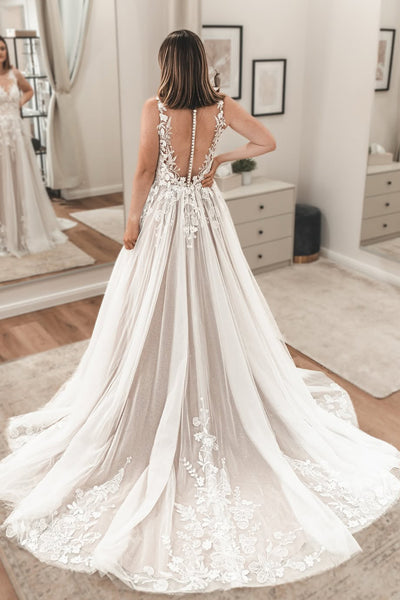 Boho A Line V Neck Tulle Wedding Dress with Appliques AB25092806
