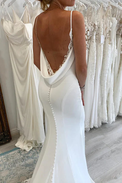 Charming Mermaid V Neck Elastic Satin Long Beach Wedding Dresses with Appliques AB24102004