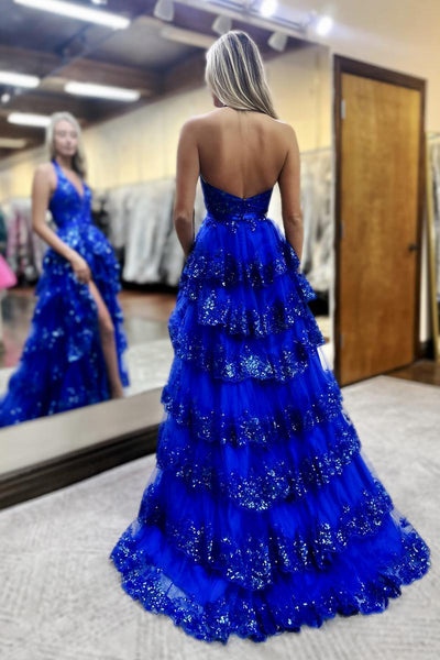 Elegant A Line V Neck Royal Blue Tiered Prom Dress with Appliques AB25010214