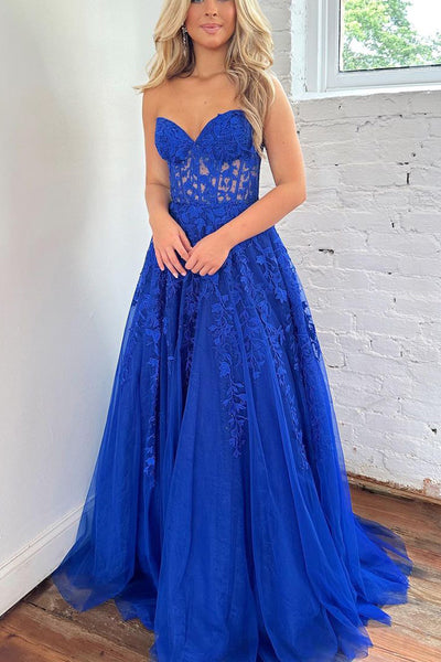 New arrival A-Line Sweetheart Royal Blue Tulle Long Prom Dresses with Appliques AB061810