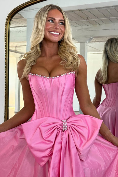 Ball Gown Scoop Neck Hot Pink Satin Prom Dress with Bow AB26030507