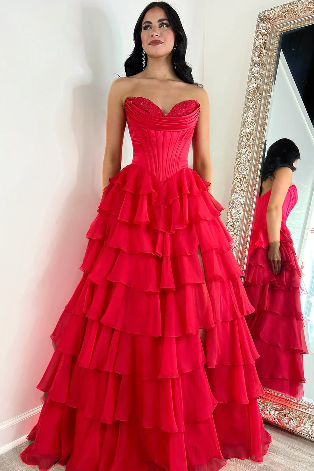 Cute A Line Sweetheart Red Chiffon Tiered Long Prom Dresses with Slit AB24120907 Anniebride Cute A Line Sweetheart Red Chiffon Tiered Long Prom Dresses with Slit AB24120907 Anniebride