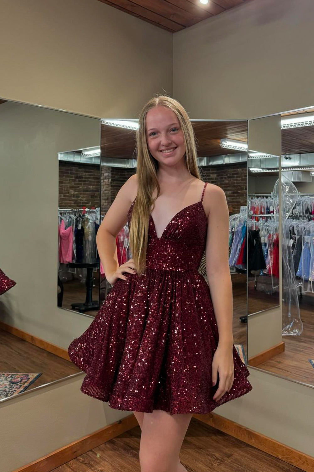 Cute A Line V Neck Burgundy Sequins Short Homecoming Dresses AB24092306 Anniebride Cute A Line V Neck Burgundy Sequins Short Homecoming Dresses AB24092306 Anniebride