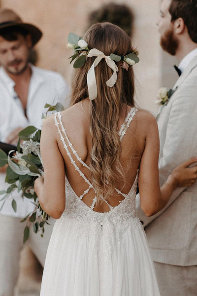 Bohemain A Line V Neck Chiffon Wedding Dresses with Appliques ABWD061830