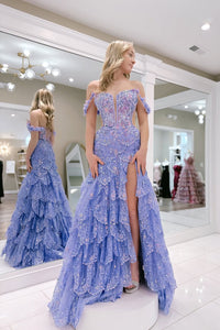 Gorgeous Ball Gown Off the Shoulder Lavender Tiered Sequins Lace Prom Dress with Slit AB25022312