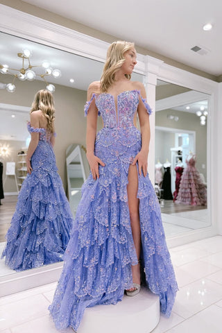 Gorgeous Ball Gown Off the Shoulder Lavender Tiered Sequins Lace Prom Dress with Slit AB25022312