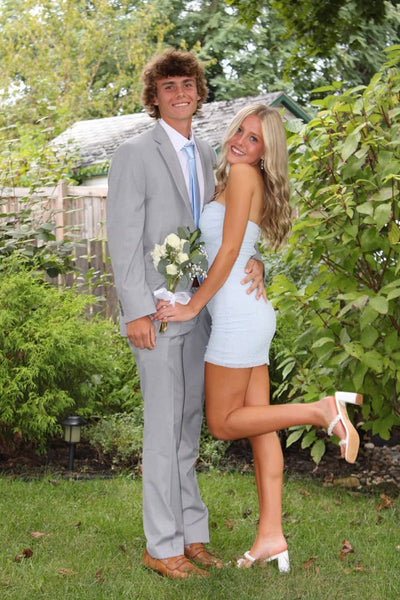 Cute Bodycon Strapless Light Blue Elastic Satin Short Homecoming Dress AB25092904