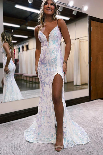 Cute Mermaid V Neck Purple Sequins Long Prom Dresses AB100605