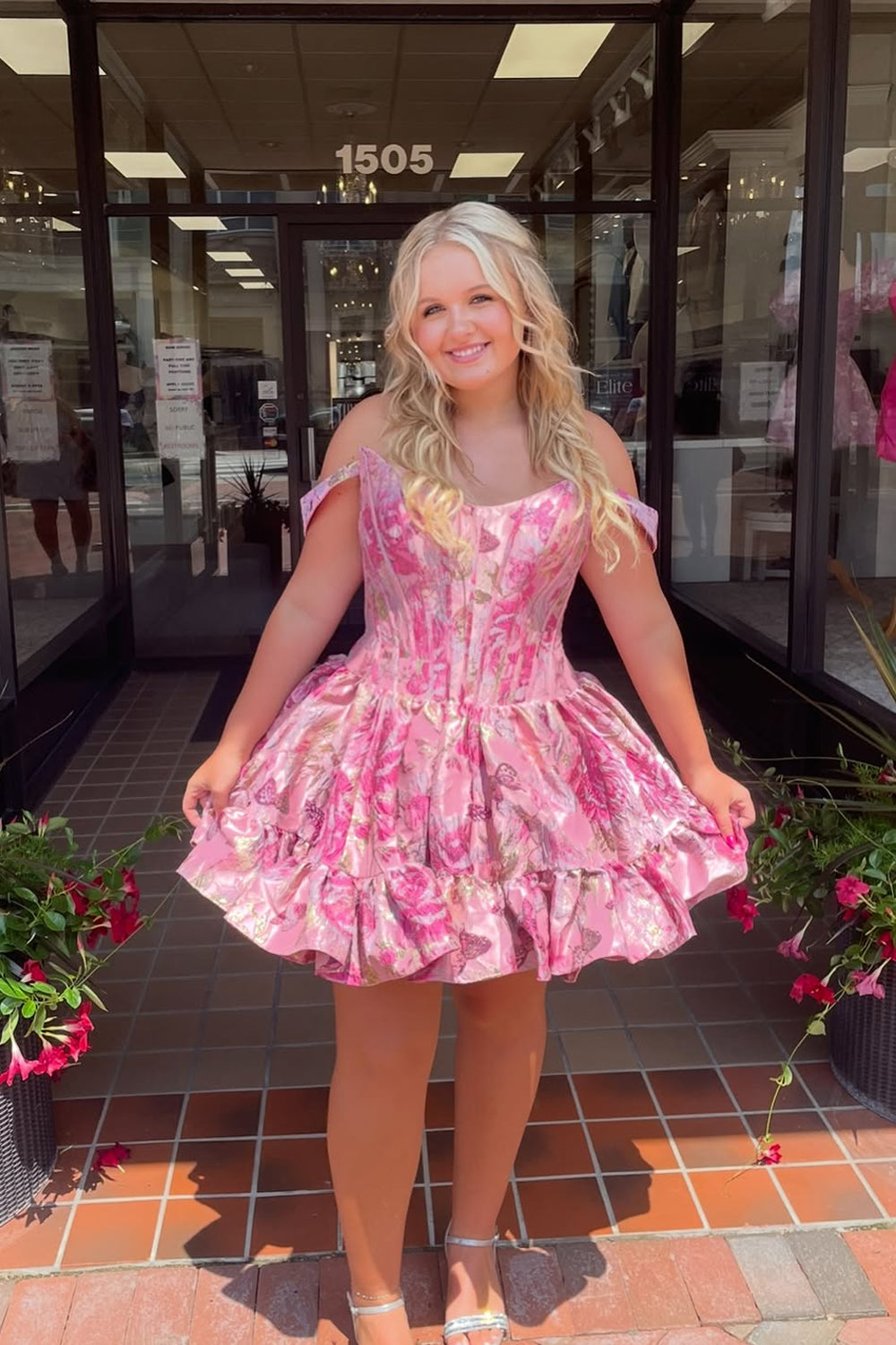 Cute A Line Off the Shoulder Pink Jacquard Satin Short Homecoming Dress AB25073103