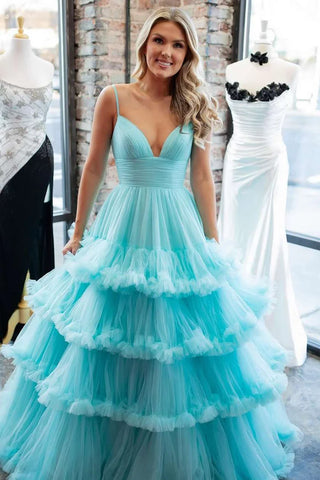 Fairy A Line V Neck Aqua Blue Tulle Tiered Prom Dress AB25010704