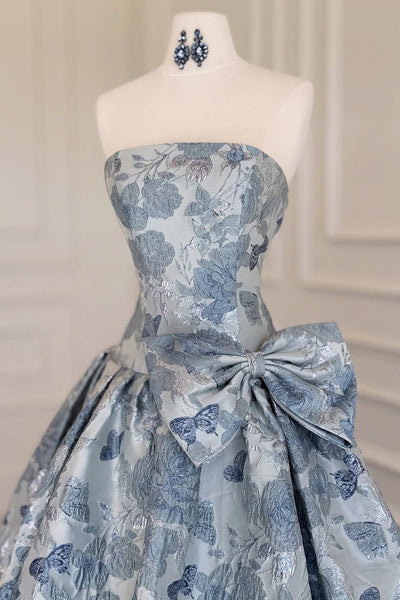 Cute A Line Strapless Jacquard Satin Prom Dress with Bow AB25122208