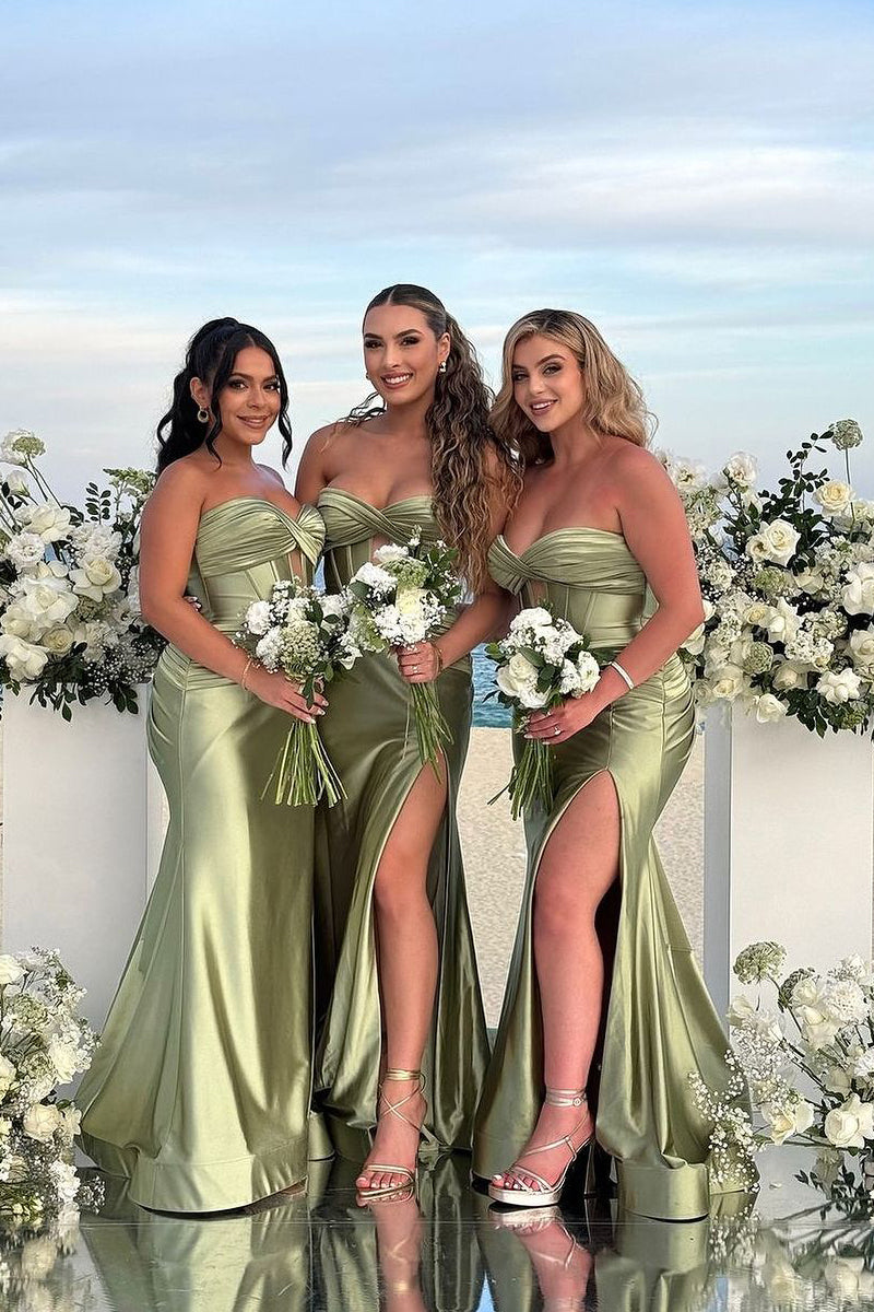 Charmign Mermaid Sweetheart Sage Green Long Bridesmaid Dresses with Slit AB24062706 – Anniebride