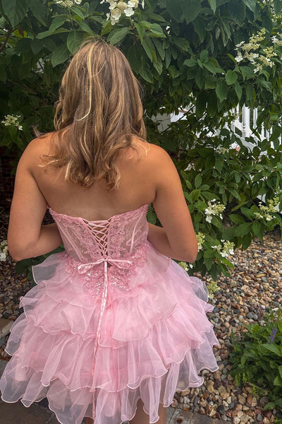 Cute A Line Sweetheart Pink Organza Short Homecoming Dresses with Appliques AB24100708