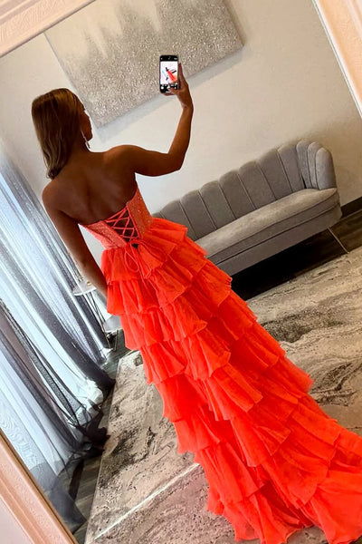 Cute A Line Scoop Neck Orange Chiffon Tiered Prom Dress with Slit AB25102706