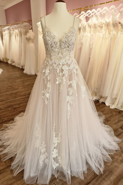 Bohemian A Line V Neck Tulle Long Wedding Dress with Appliques AB26072412