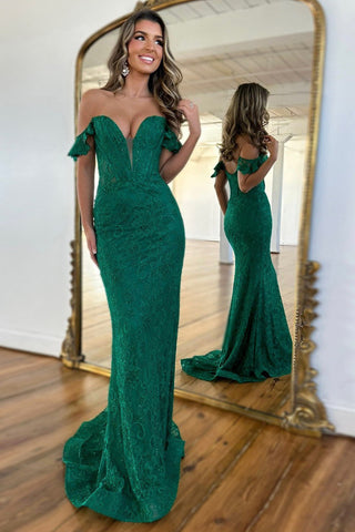Elegant Mermaid Sweetheart Dark Green Lace Long Prom Dresses with Beading AB24102108