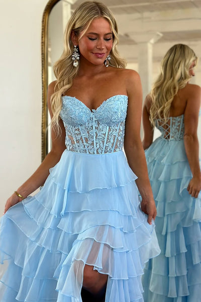 Cute A Line Sweetheart Blue Chiffon Tiered Prom Dress with Slit AB25013107